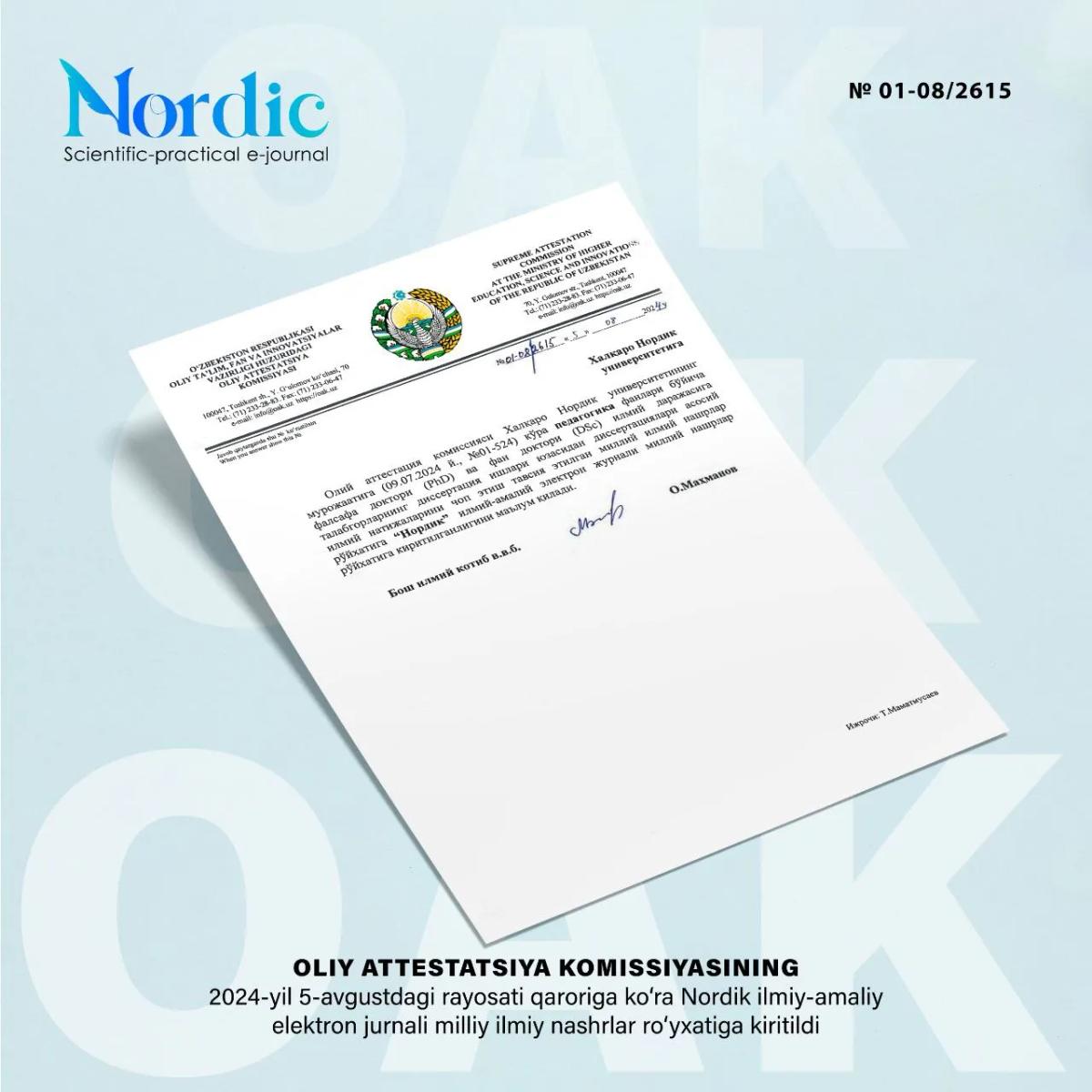 "Nordik" elektron jurnali OAK ro‘yxatida! 